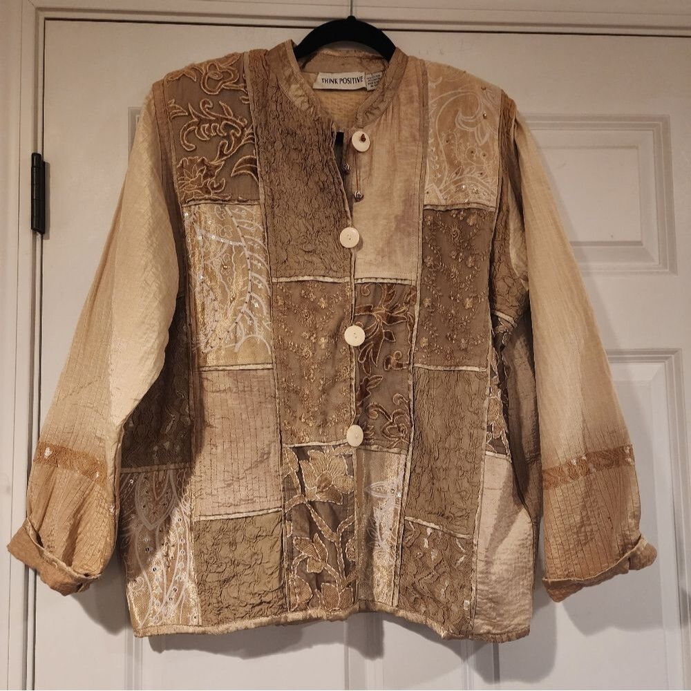 Think Positve vintage tan sequin design button up jacket L